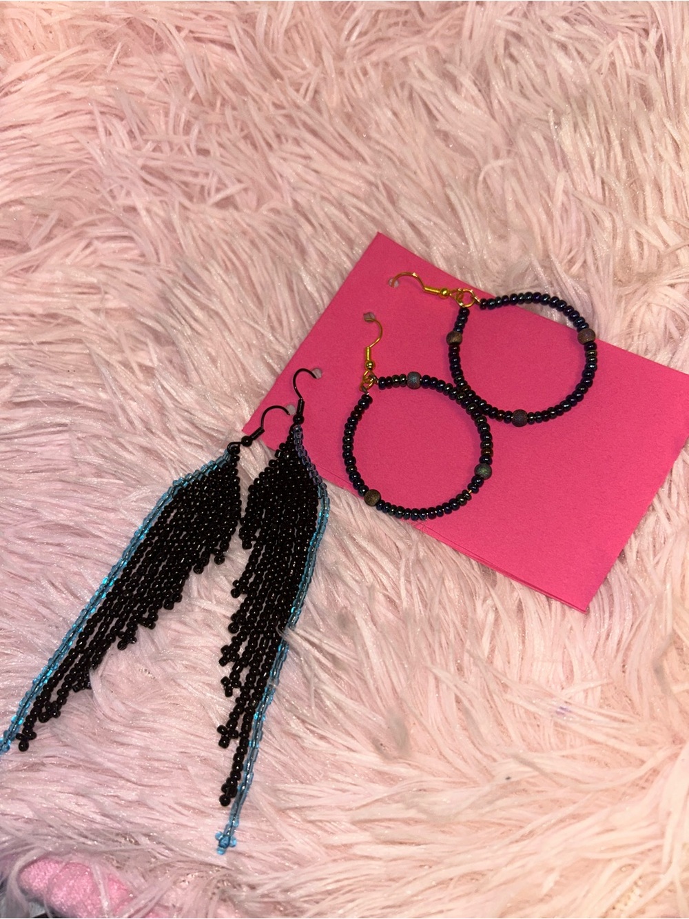 Black & Blue Beaded Fringe Earrings | Long Statement Fringe set